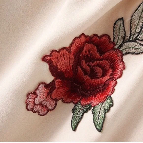 Off Shoulder Split Back Ruffled Sleeve Rose Floral Embroidered Blouse - Picture 7 of 8